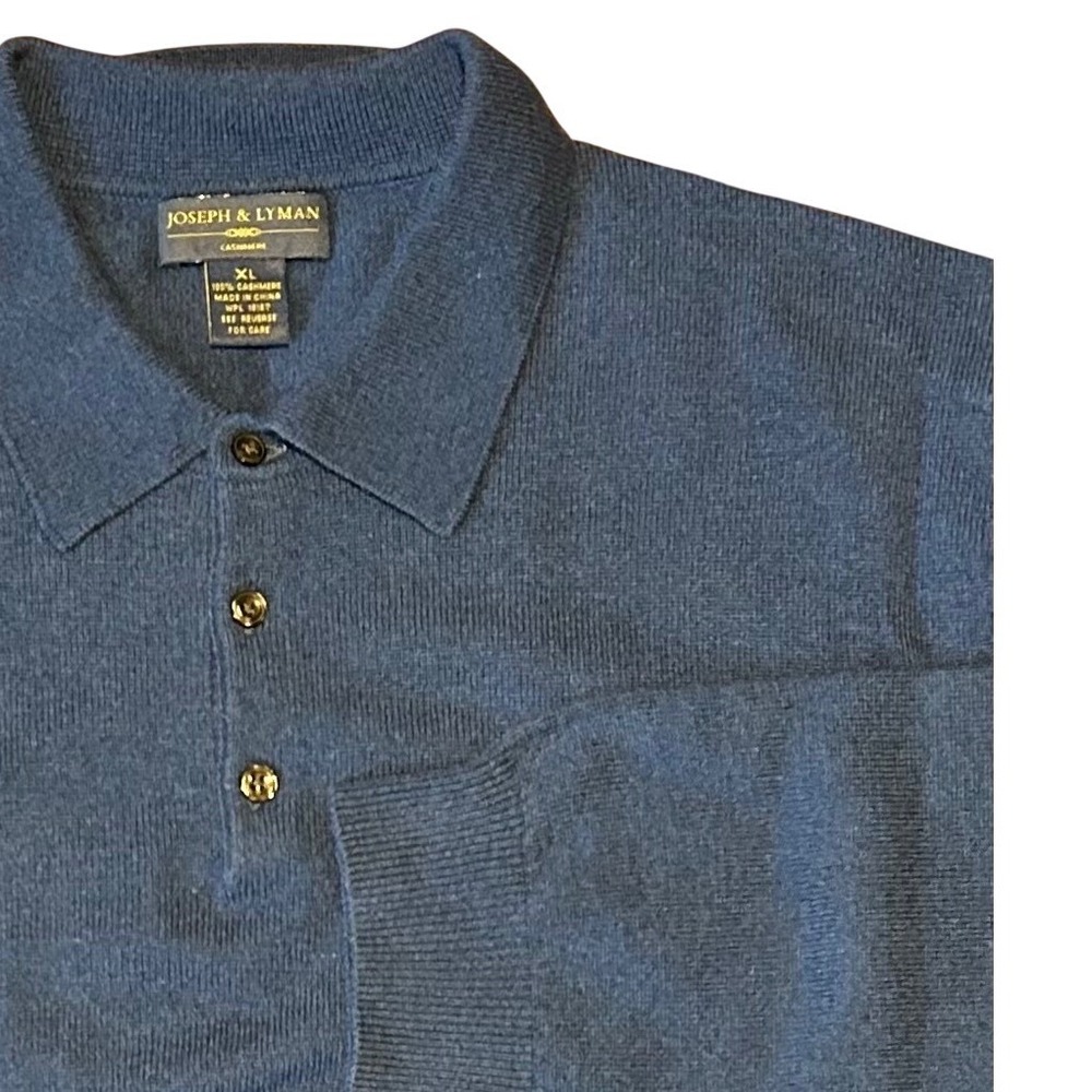 Joseph & Lyman Mens XL Blue 100% Cashmere Long Sleeve Polo Sweater Knit Collared